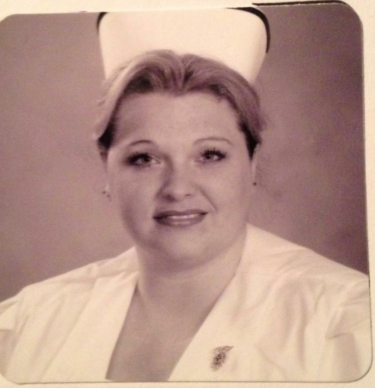 Dr. Riccio in nursing cap, Jameson Memorial Hospital School of Nursing, 2005
